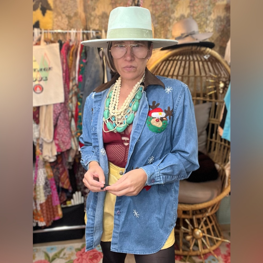 Vintage Christmas Embroidered Holiday Chambray Denim and Velvet Button Down